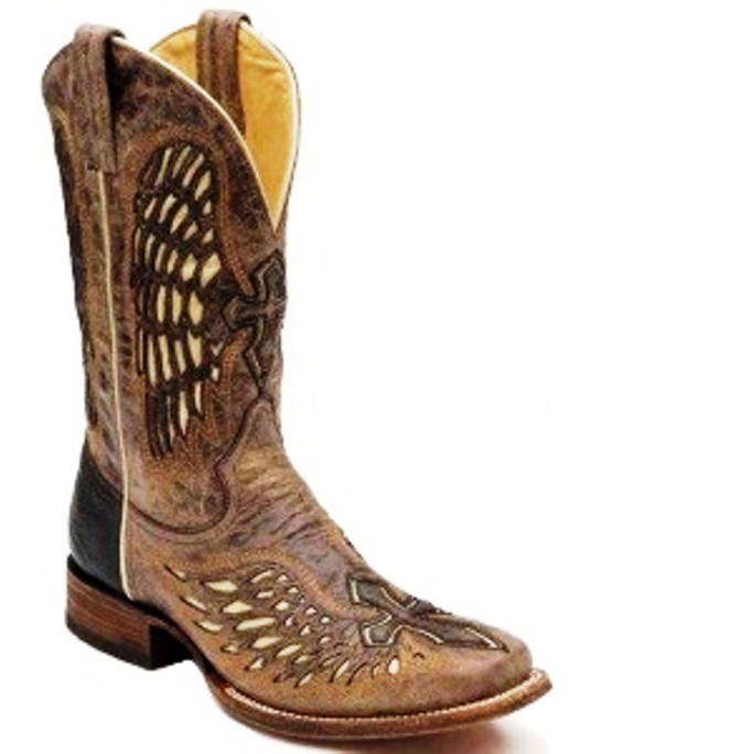 Corral Men's Square Toe Leather Cowboy Western Boots Black Gold Wing Cross A1972 